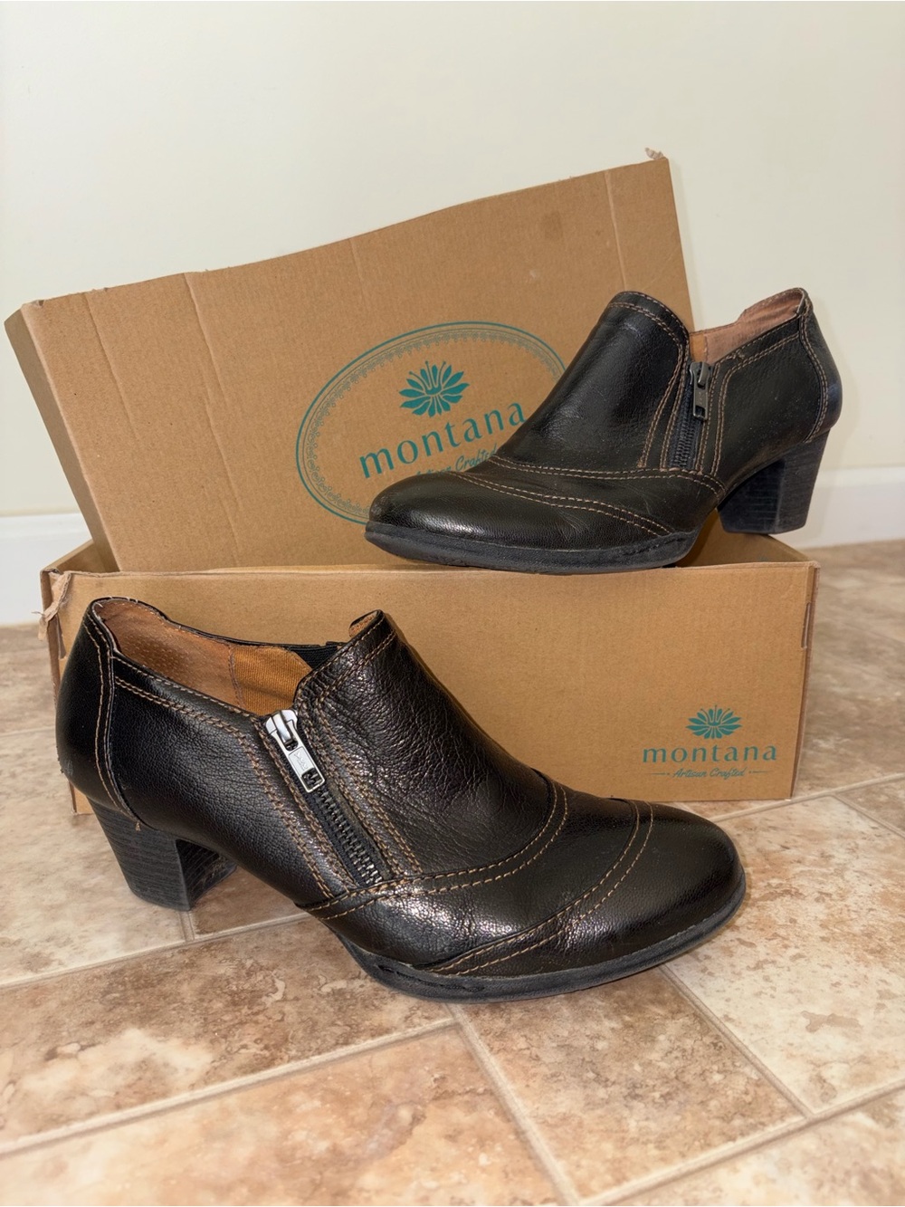 Women's Montana Brown Leather Zip Heel Booties